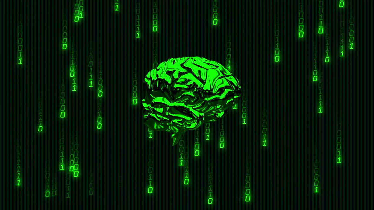 Animation of green binary coding data processing over glowing green human brain on black background