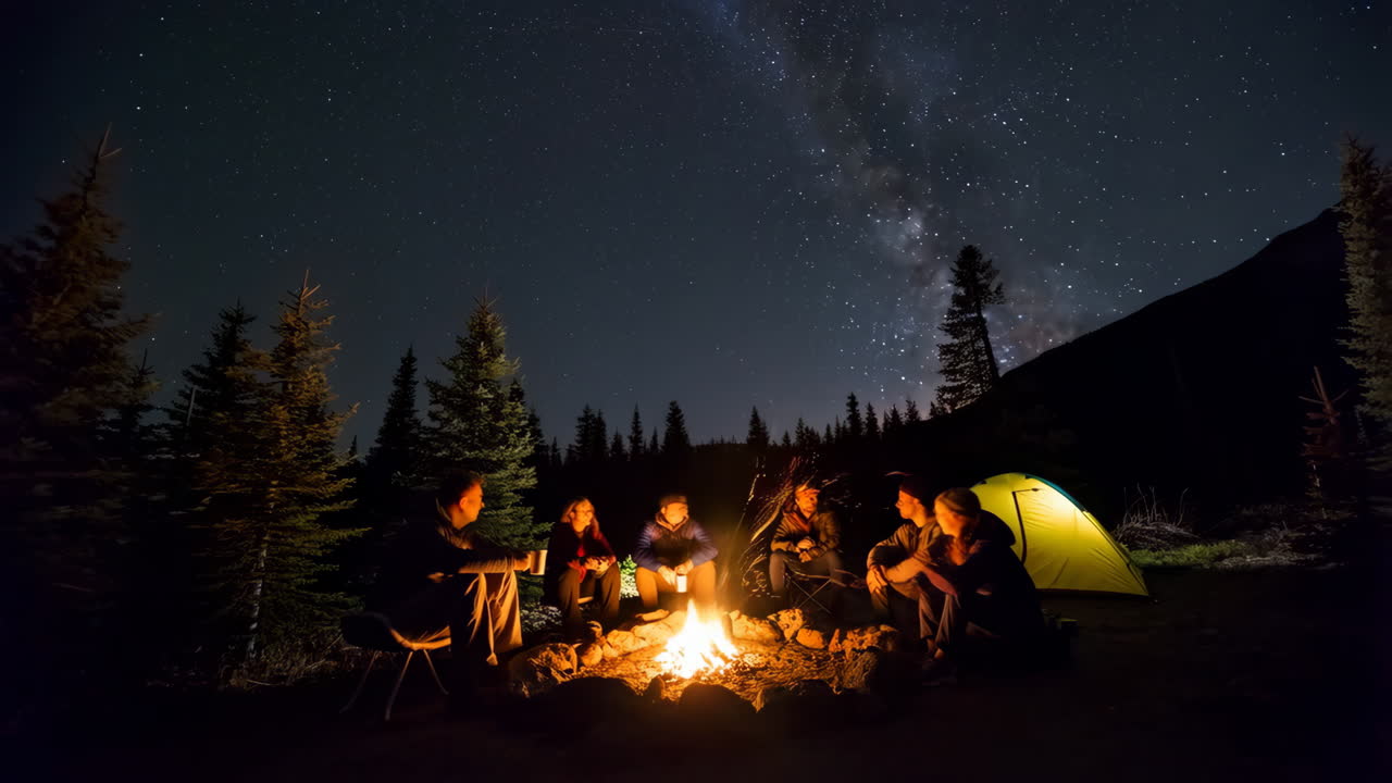 Group camping under the stars by campfire