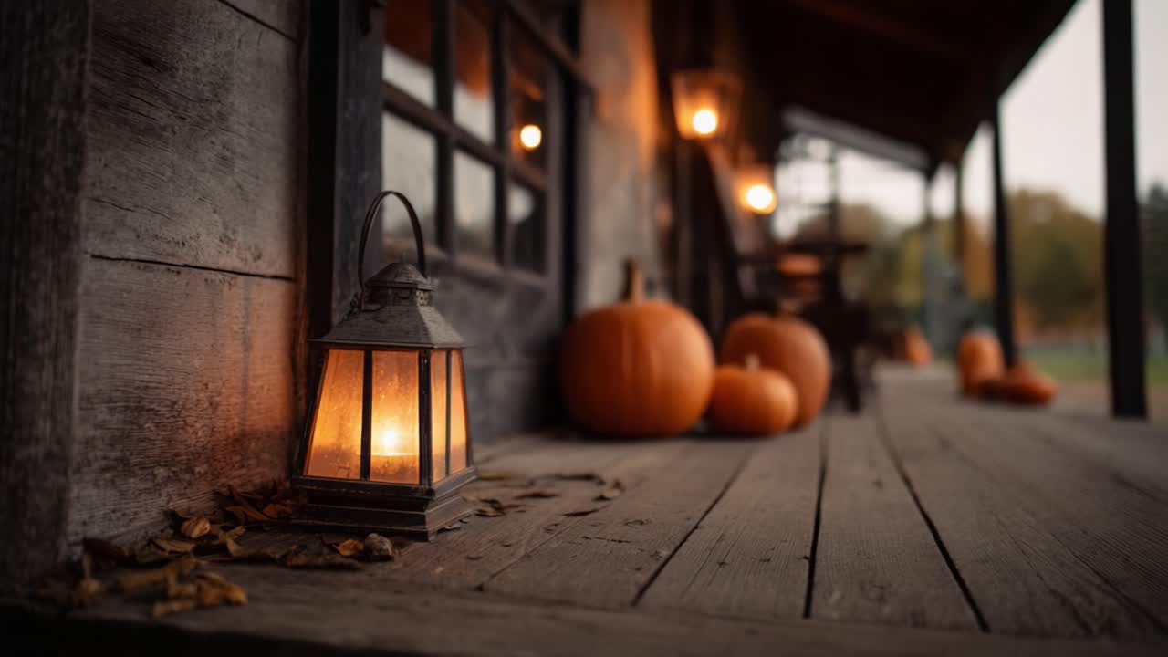 A Cozy Autumn Scene Featuring Glowing Lanterns and Vibrant Pumpkins on a Rustic Porch, Capturing the Essence of Fall in a Warm, Inviting Atmosphere