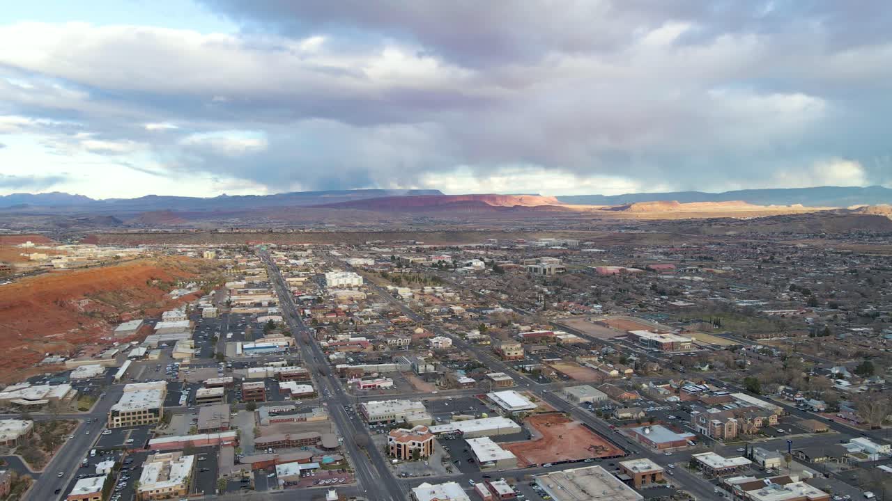 Aerial Panorama View above St George Cityscape on a sunny and cloudy day in Utah