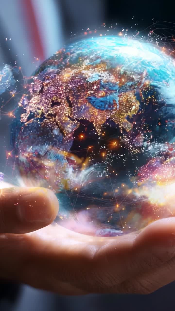 A mesmerizing depiction of a hand holding a radiant globe, symbolizing the interconnectedness of our world and the beauty of global representation through vibrant colors