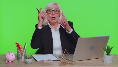 business woman raises finger came up with creative plan feels excited with good idea inspiration