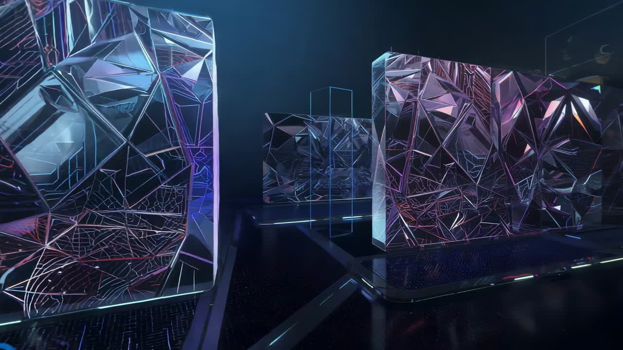 Moving camera revealing faceted block in dark studio on reflective floor, LED strips showing depth