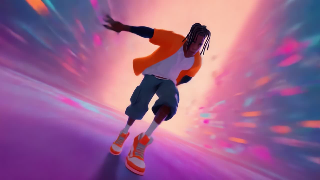 A Dynamic and Vibrant Journey Through an Abstract World of Colors and Speed, Featuring a Young Individual in Motion, Embracing Freedom and Adventure Amid a Spectacular Visual Experience