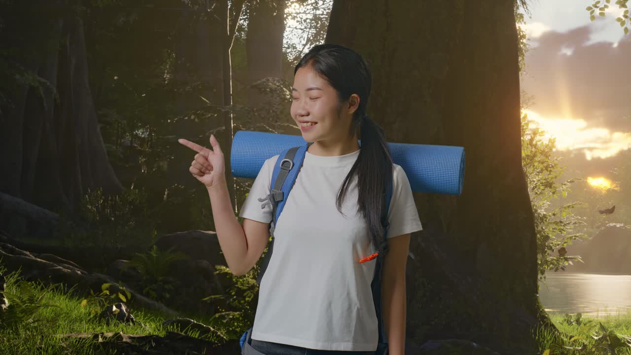 산악 배 을 들고 있는 아시아 여성 하이커 가 숲 의 자연 을 탐험 하는 동안 웃고  을 가리키고 있다
