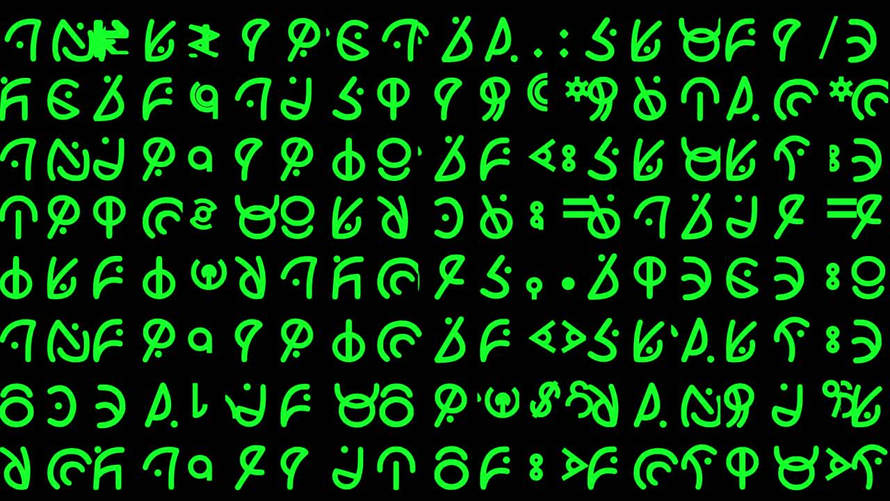 gráficos en movimiento con líneas de jeroglíficos con curvas de estilo alienígena y texto escrito que cambia rápidamente en secuencias aleatorias en una fuente verde de tamaño mediano, ideal para contenido de reemplazo de pantalla