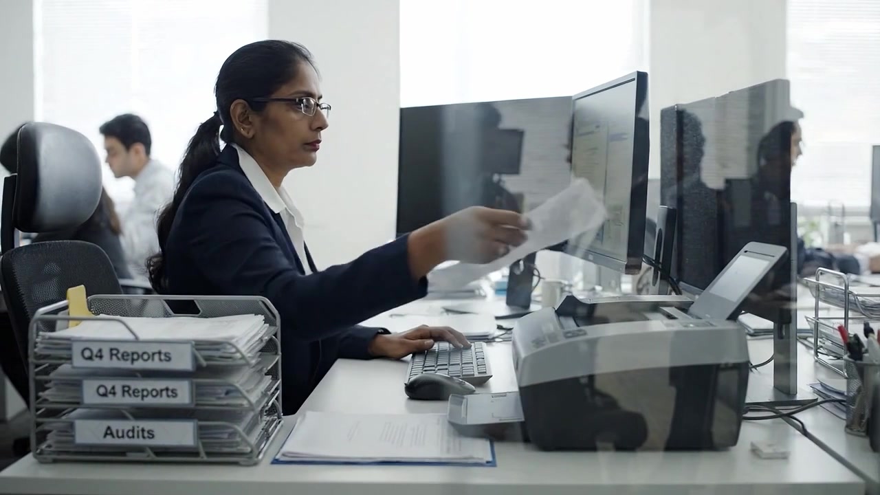Focused professional in an office setting, engaging with dual monitors while managing reports and audits, showcasing a modern work environment and dedication.