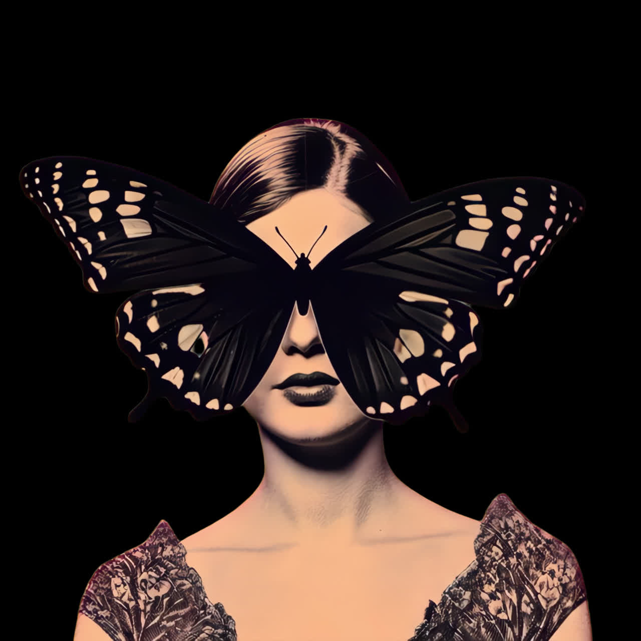 Surreal butterfly woman portrait animation isolated asset, transparent 4K video, alpha channel