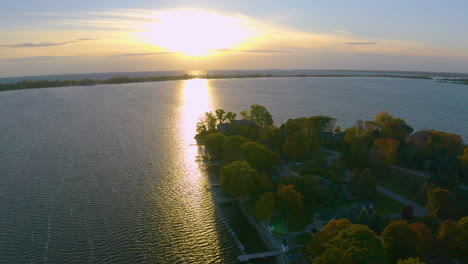 peninsula sunset over the water. drone