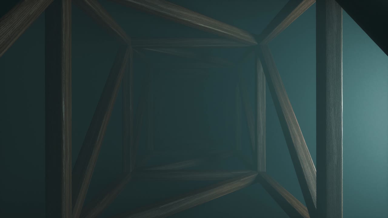 túnel de madera cuadrado sin fin con una brillante luz azul volumétrica brillante. fondo de ciencia ficción abstracto. pasillo. concepto futurista. construcción de tablas de madera. avanzando. animación 3d en 4k