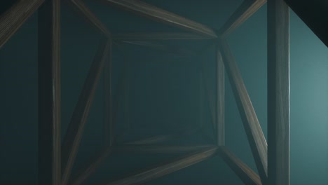 square wooden endless tunnel with a bright volumetric shimmering blue light. abstract sci fi background. corridor. futuristic concept. construction of wooden planks. moving forward. 3d animation in 4k