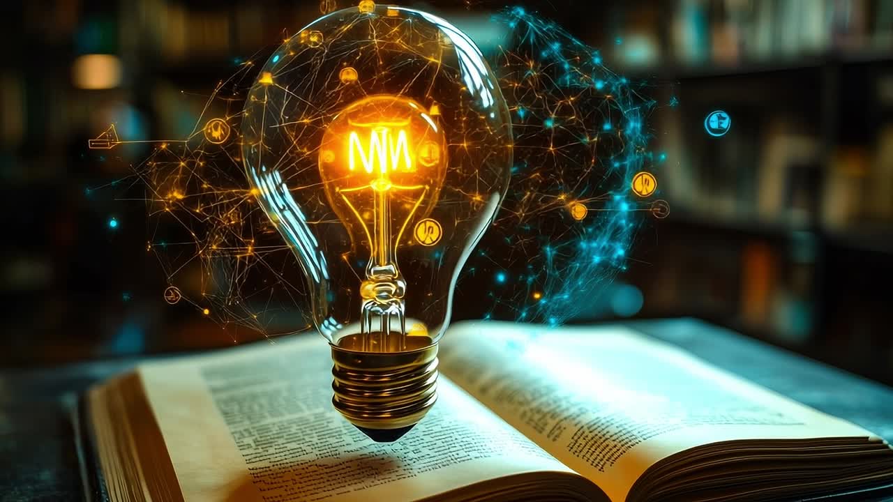 Creative light bulb above open book. An illuminated light bulb hovers above an open book, symbolizing inspiration and knowledge in a study environment.