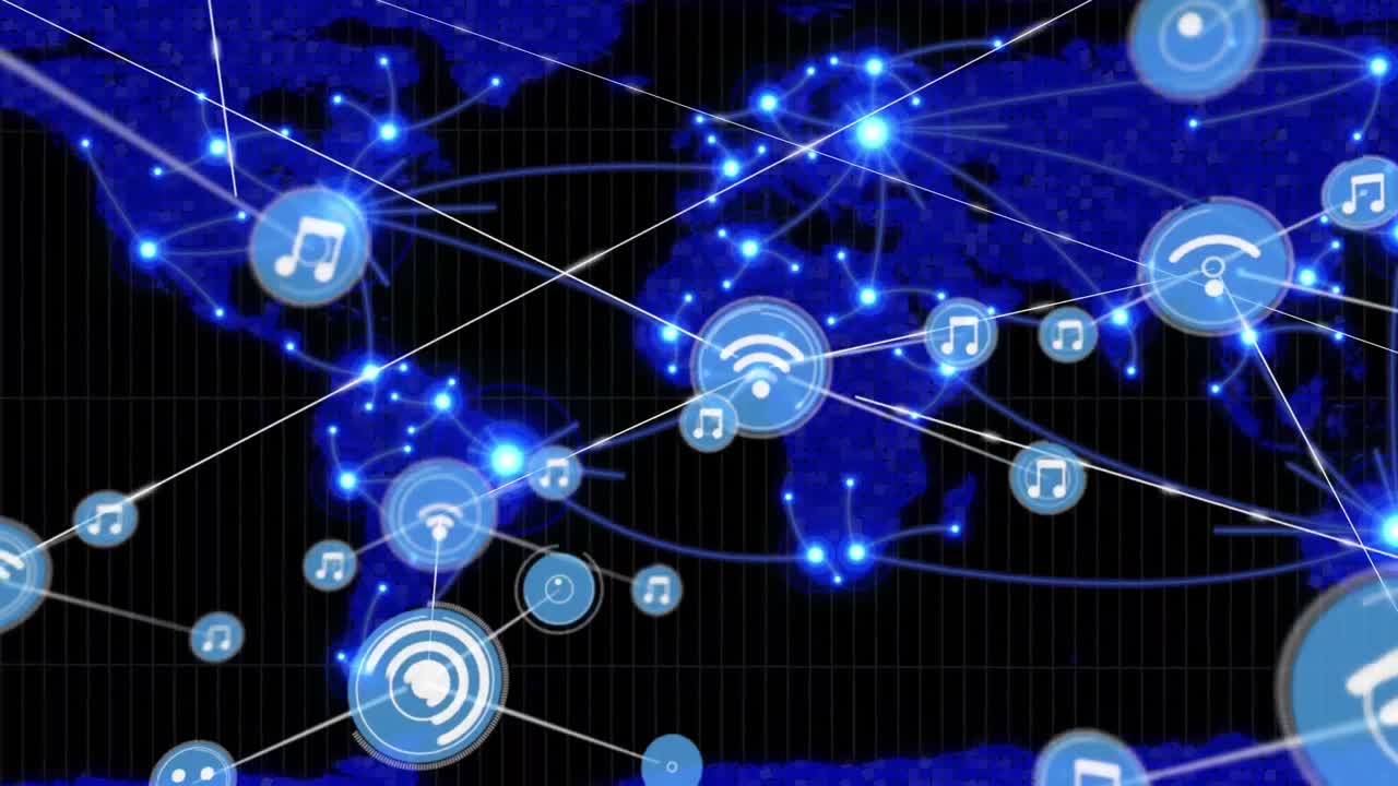 animación de la red de conexiones con iconos de recepción de música y wifi