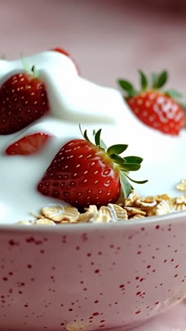 strawberry yogurt bowl. a bowl filled with yogurt topped with fresh strawberries and oats sits on a pink background with scattered oats.