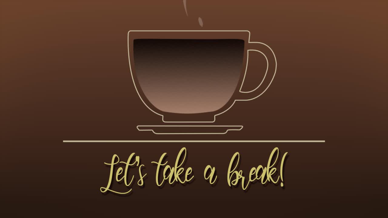 프레젠테이션 및 기업 교육일에 이상적인 휴식을 취하자는 메시지와 함께 갈색 배경에 있는 주전자에서 커피 컵을 채우는 매끄럽고 재미있는 애니메이션 선 그리기 동작 그래픽