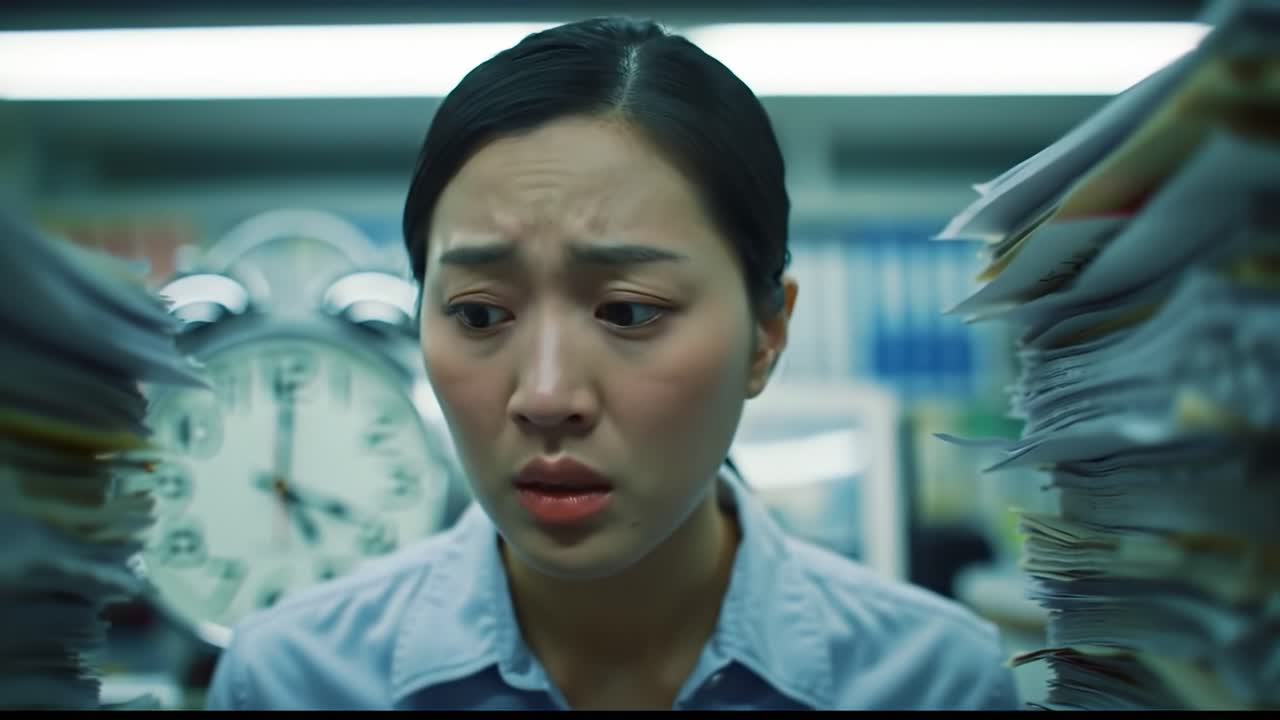 An office worker looks stressed and anxious as she stands surrounded by stacks of paperwork. The clock on the wall indicates the late hour, highlighting her overwhelming workload.