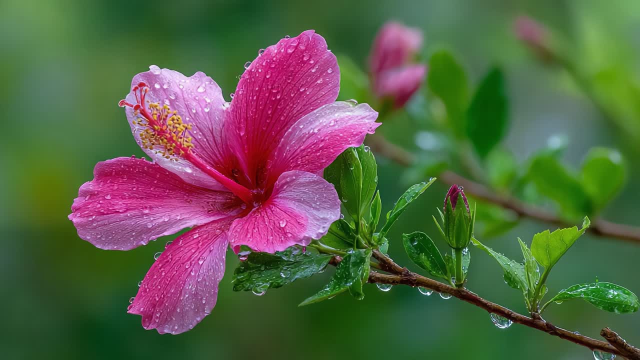 A Beautiful Close-Up of a Pink Hibiscus Flower Adorned with Raindrops, Capturing Nature's Vibrance and Elegance in a Lush Green Background