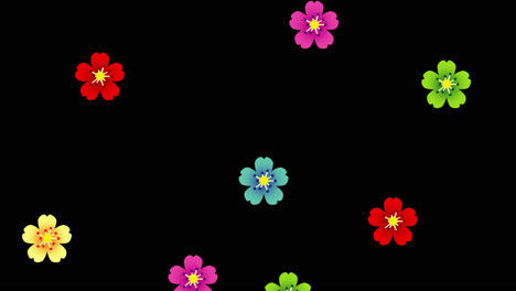 animation cartoon flat style of of pink, green, blue, red, and yellow flowers falling from above and disappearing on the bottom