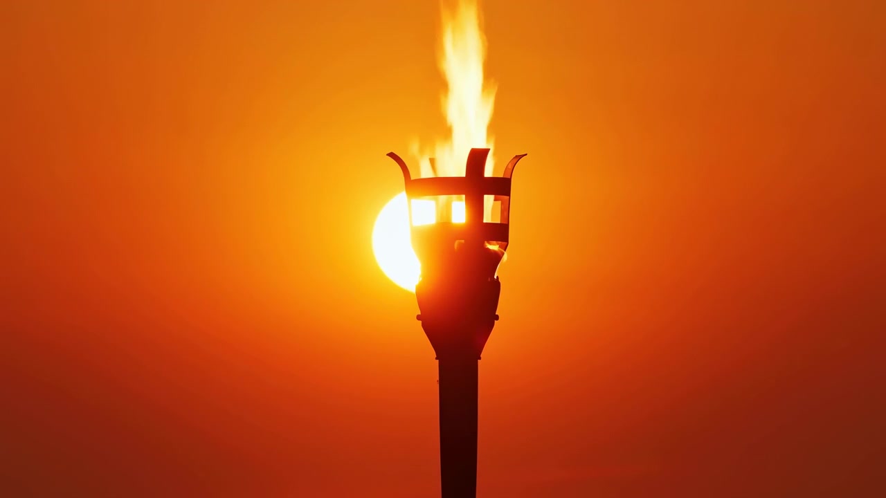 Centered metal torch head silhouetted against intense orange sky, with bright flame rising from cage, sun aligned behind forming luminous halo, strong rim light, dramatic contrast, ceremonial mood