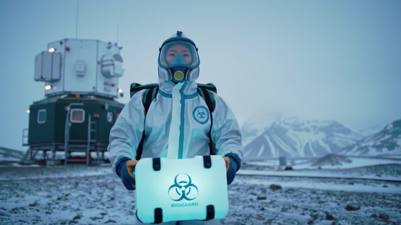A researcher in a protective hazmat suit stands in the snow, holding a glowing biolab sample container. Snowy mountains and a research station loom in the background during dusk in the Arctic.