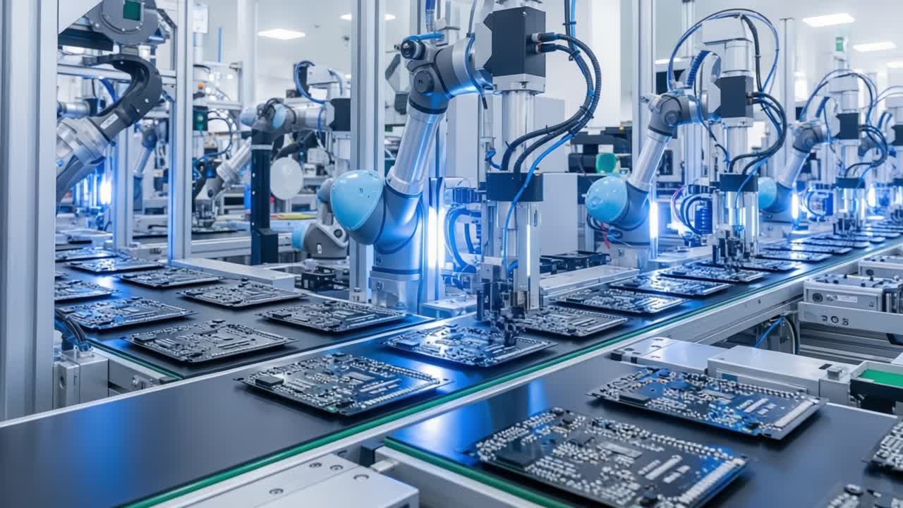 Robotic Assembly Line in a High-Tech Manufacturing Facility: Precision Automation for Circuit Board Production Featuring Advanced Robotics and Illumination