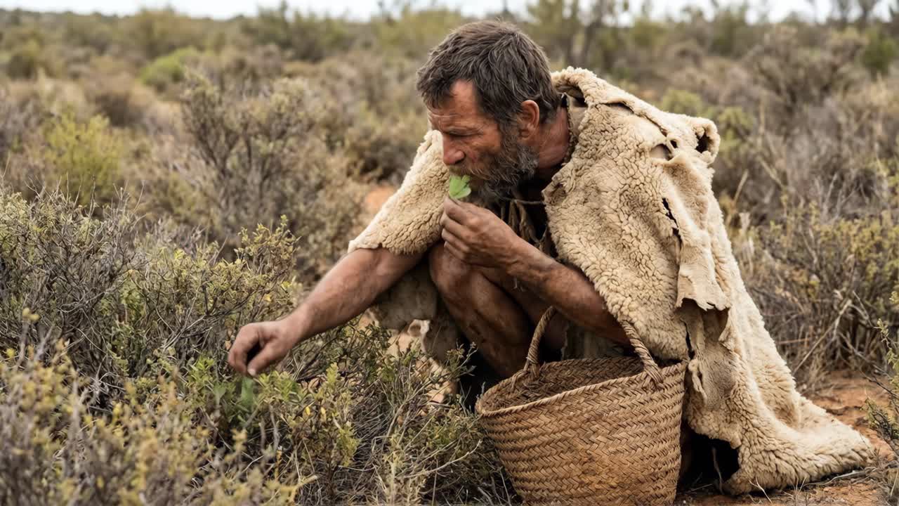 Primitive Man Foraging for Wild Edibles in Arid Landscape