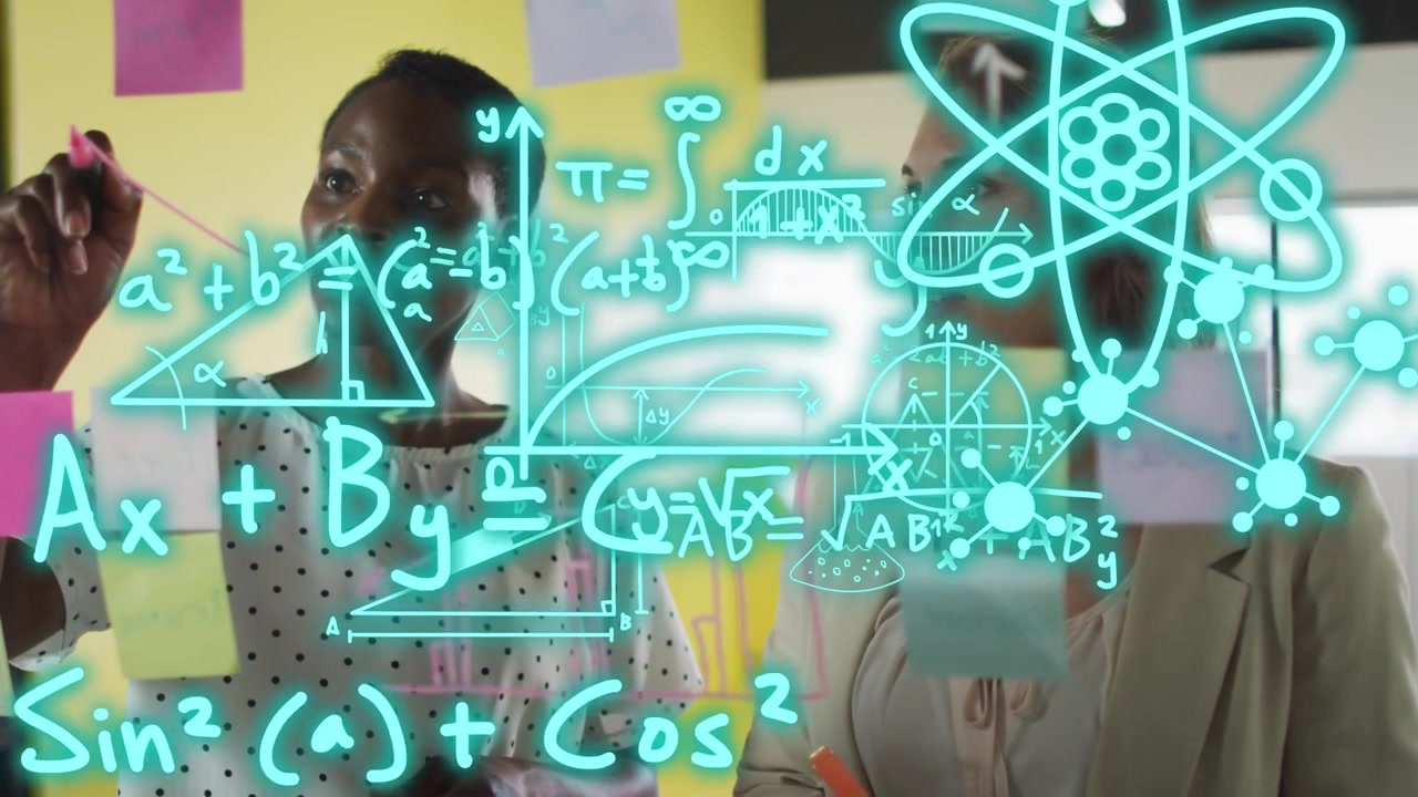 Left woman picking pink marker, team planning on glass, generating cyan tech diagrams expanding