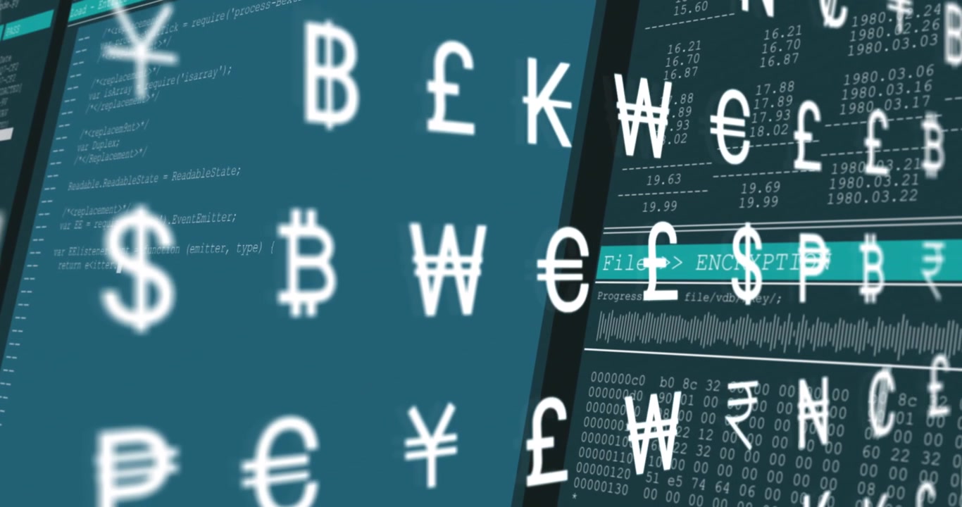Animation of multiple currency symbols moving over data processing against blue background