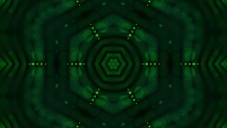 las partículas verdes brillantes forman líneas, superficies, patrones estelares, estructuras de caleidoscopio. fondo 3d de ciencia ficción en bucle de 4k con estructuras de puntos simétricos de abstracción en movimiento. bg virtual o holográfico