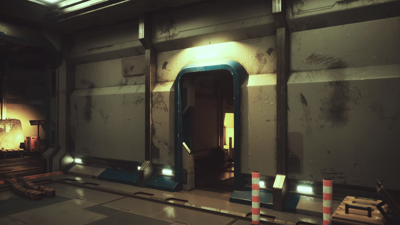 Exploring a futuristic corridor in a sci fi themed environment during nighttime