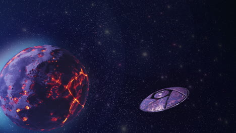 planeta volcánico y ovnis en el espacio