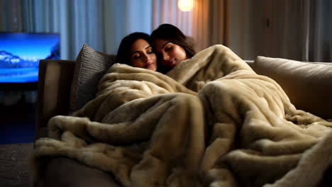 two women cuddling under a warm blanket on a couch