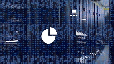 animación de codificación binaria y procesamiento de datos contra la sala de servidores de computadoras