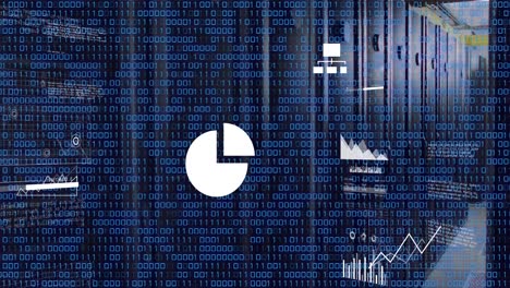 animation of binary coding and data processing against computer server room