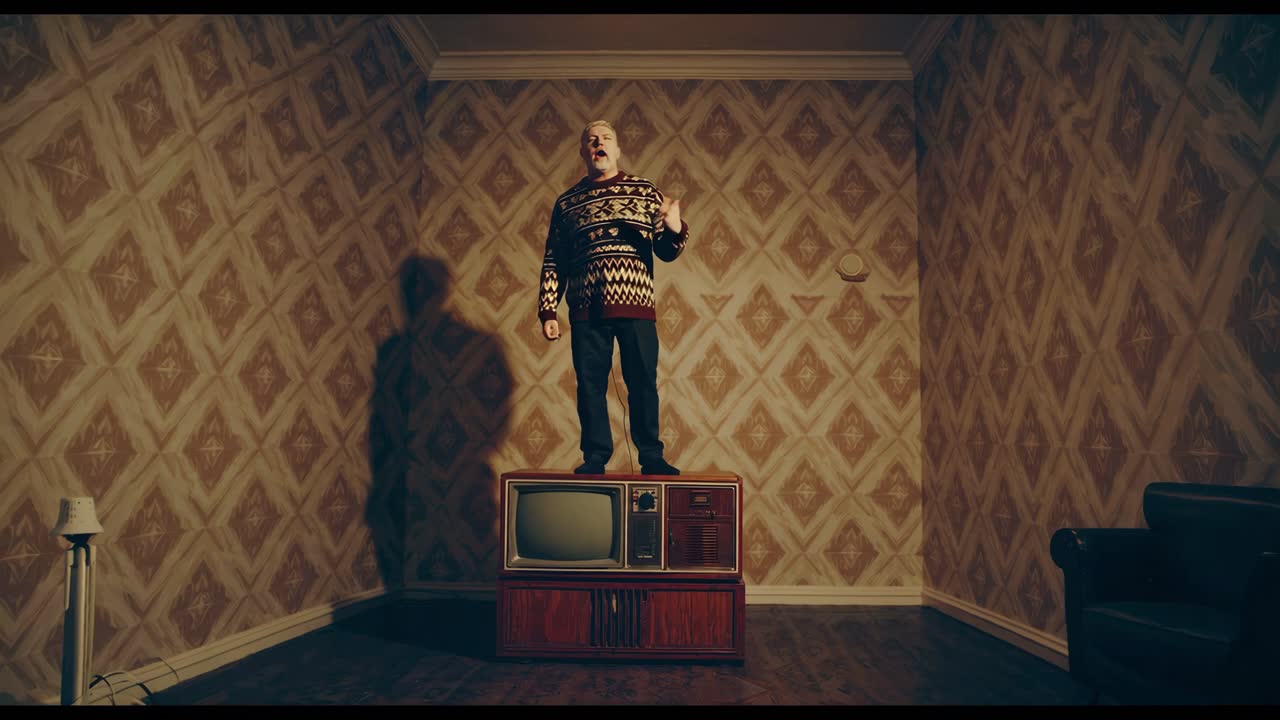 빈티지 tv에서 노래하는 남자