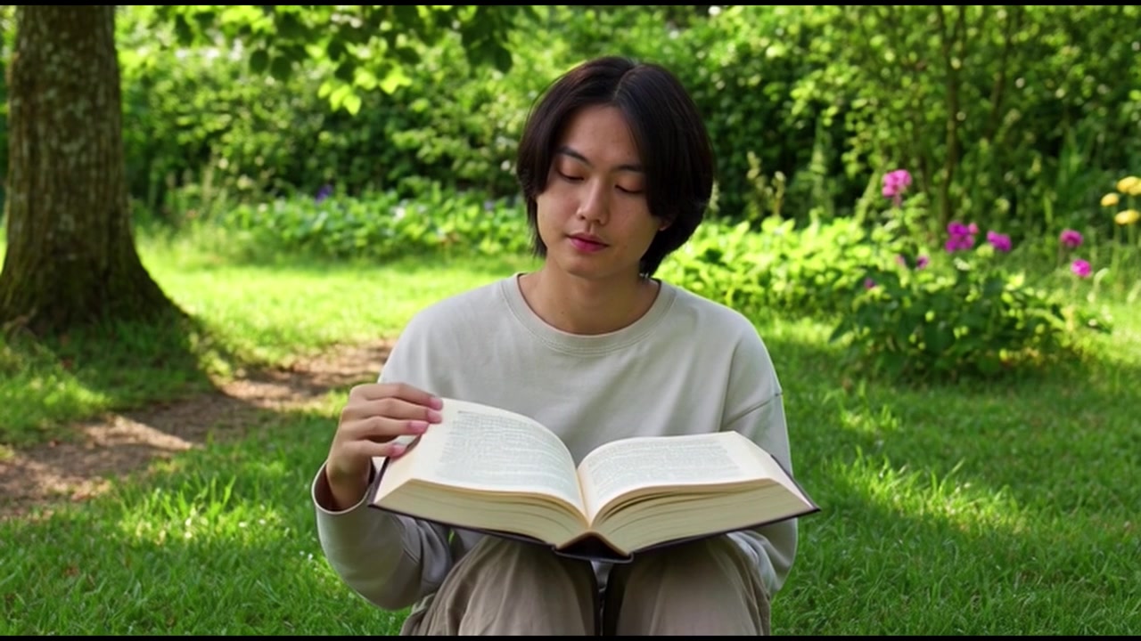 Orang Muda Membaca Buku Sambil Duduk di Rumput di Taman
