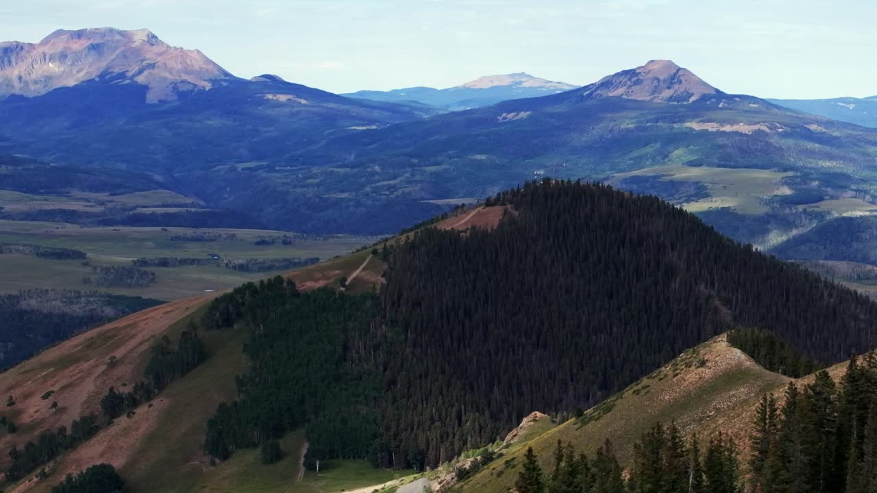 Telluride airport Box Canyon Colorado Summer Last Dollar Road aerial drone Mount Sneffels Wilderness ranchland San Juan Rocky Mountains Uncompahgre Forest landscape parallax circle right