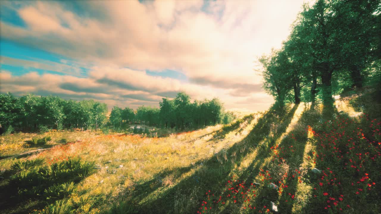 nubes de lluvia pesadas sobre el campo al atardecer