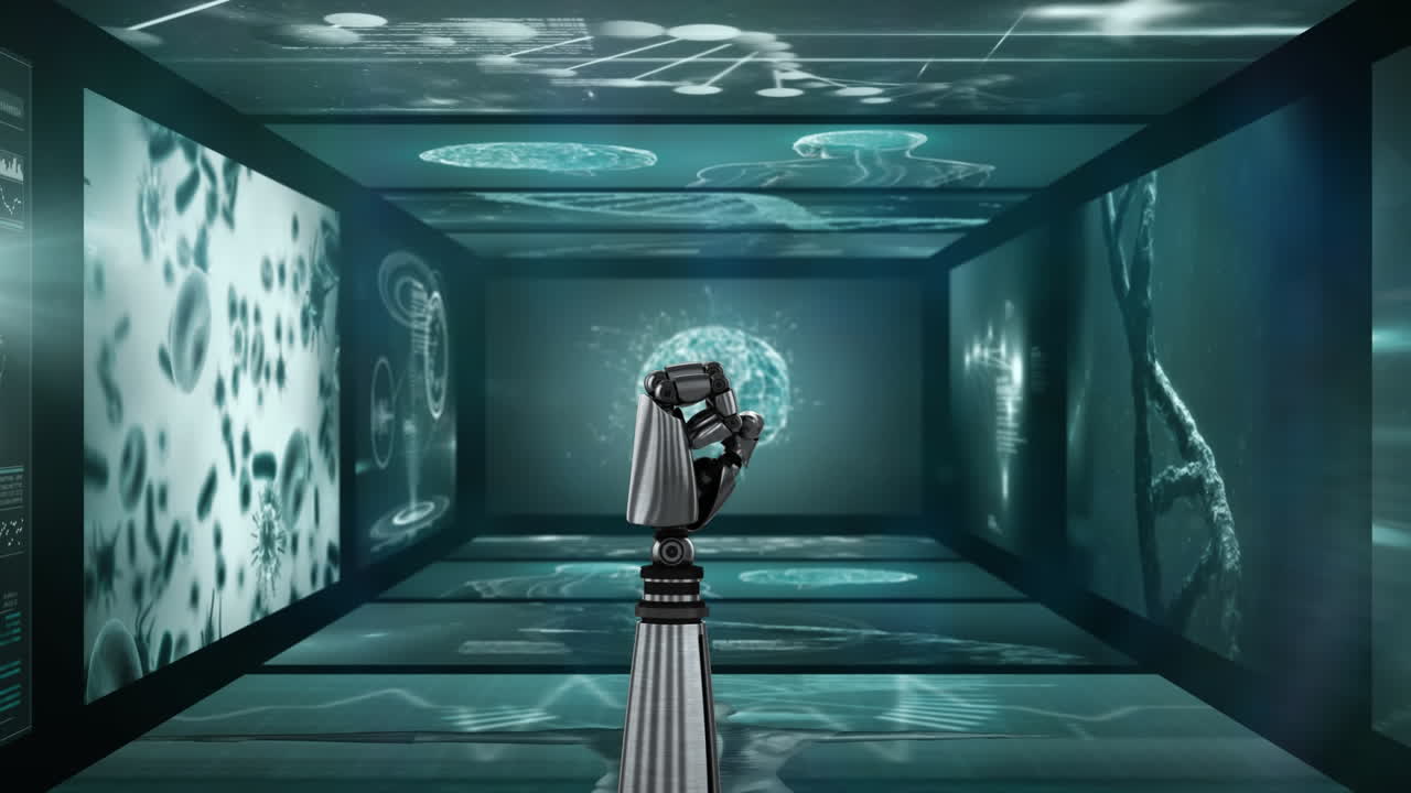 video generado digitalmente de la mano robótica y el procesamiento de datos médicos