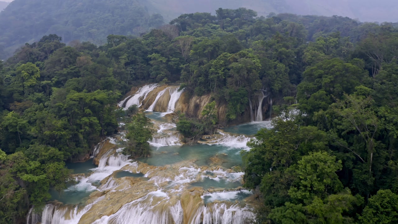 Aerial stunning view of the iconic Cascadas de Agua Azul in Chiapas, Mexico.