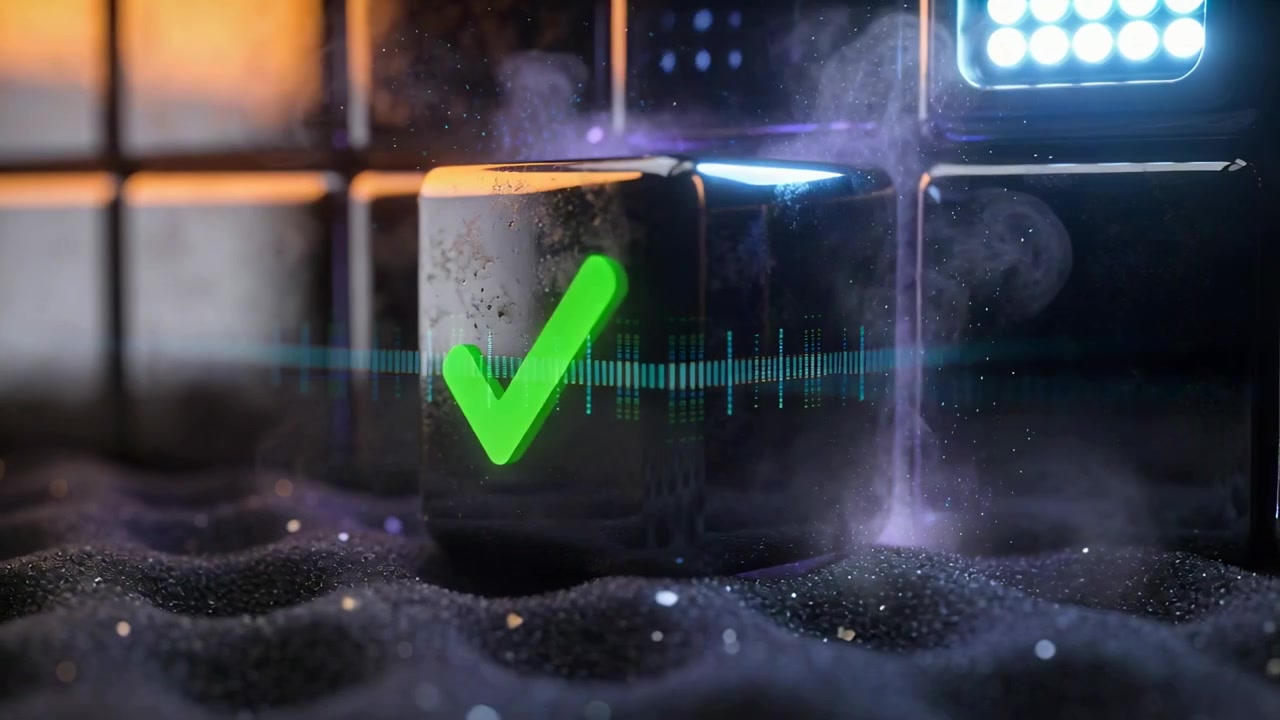 Striking magenta beam hitting glossy black cube with green checkmark in studio, emitting vapor