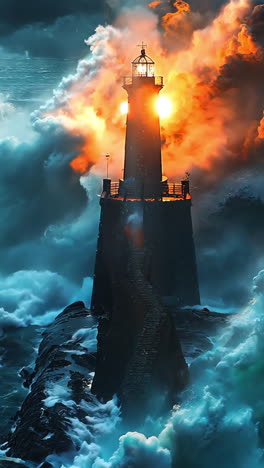 a lighthouse is in the middle of a huge wave. the waves are crashing against the lighthouse and the water is very rough