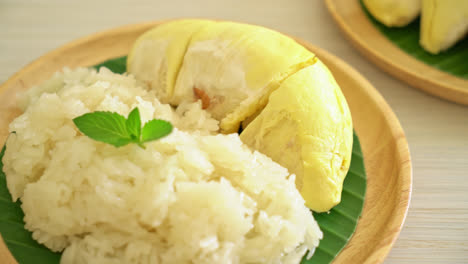 durian with sticky rice - sweet durian peel with yellow bean, ripe durian rice cooked with coconut milk - asian thai dessert summer tropical fruit food-9