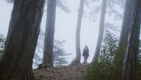 lost woman walking alone barefoot through the haunted woods with fog and mist, back view still shot