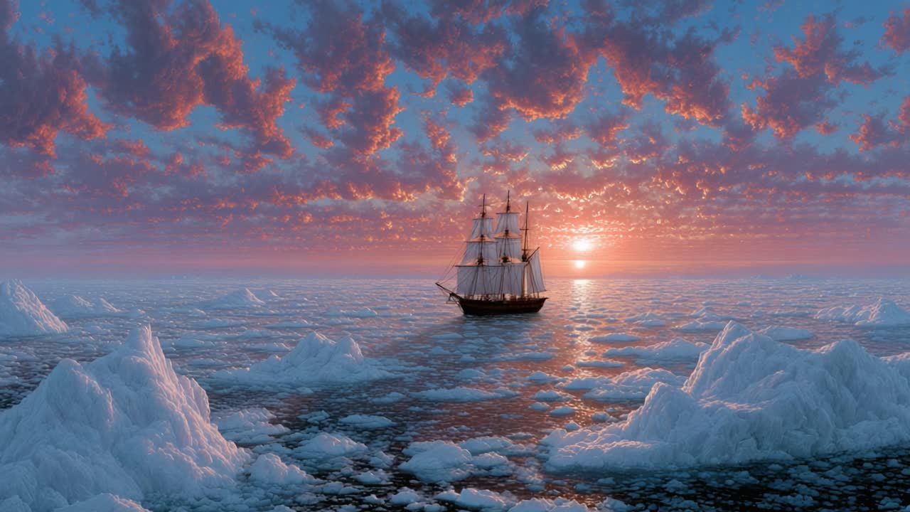 An Enchanting Voyage Through Icy Waters: A Majestic Tall Ship Sails Amidst Beautiful Icebergs and A Vibrant Sunset with Dramatic Clouds in the Background