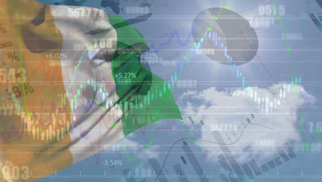 animation of digital infographic interface with charts, graphs, skyscapes and flag of hungary