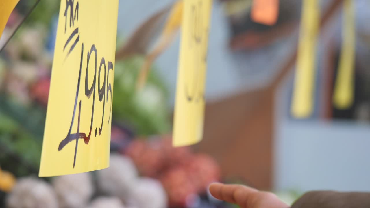 Price tags at a farmer's market