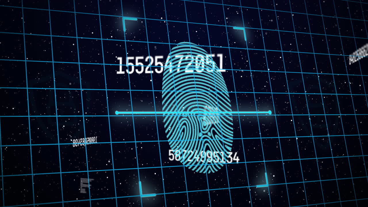 animación de números cambiando con huella digital azul brillante con cuadrícula en el fondo