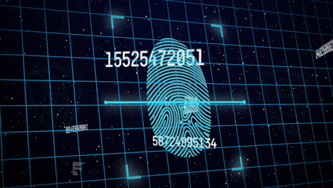 animación de números cambiando con huella digital azul brillante con cuadrícula en el fondo