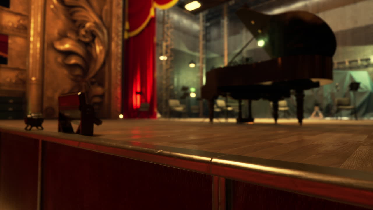 Elegant old opera house interior with grand piano and stage lighting at night